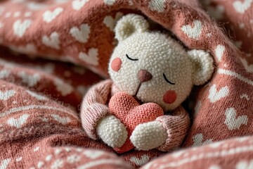 Teddy Bear Snuggled in Soft Blanket: A cute teddy bear, cozily wrapped in a patterned blanket, cradles a heart-shaped object, embodying warmth and comfort.