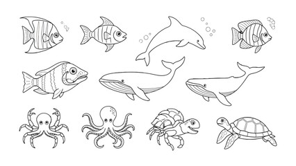 Ocean Life Illustrations: Whimsical illustrations capture the beauty of the sea, including a dolphin, whales, fish, an octopus, and sea turtles, with a touch of charm and artistry.