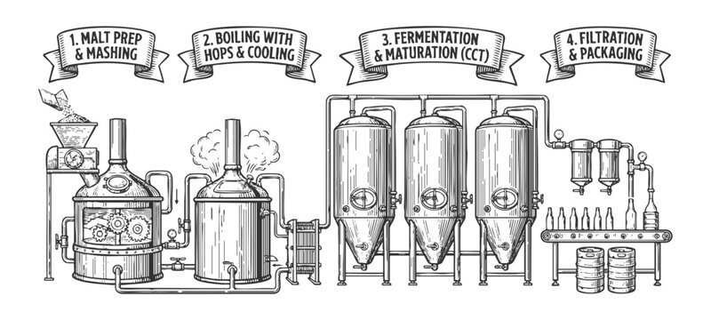 each step of the beer brewing process, including milling, mashing, fermentation, filtration, bottling sketch engraving generative ai vector illustration. Scratch board. Black and white.