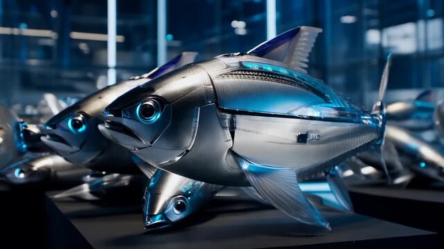 Shifting camera focus causing tuna robotic fish oscillating tails, gliding on black pedestals