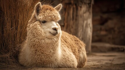 Obraz premium alpaca resting calmly, lifestyle sustainability theme