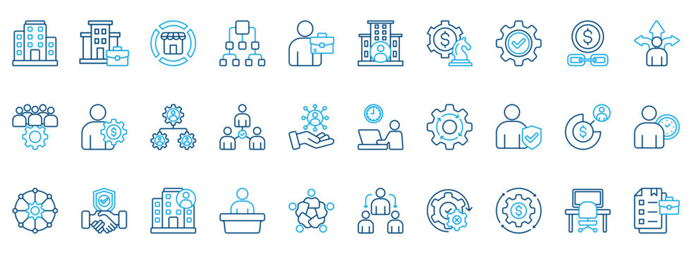 Business Structure Icon Set. Contains Icons That Are Relevant For Business. Designed In Vector Outline Color Style