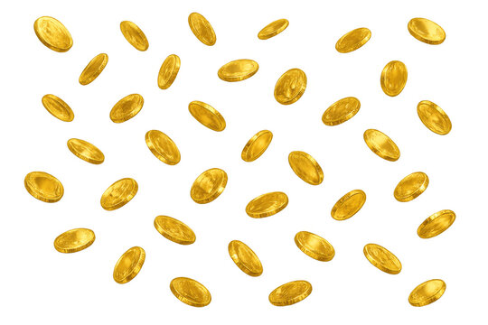 Falling golden coins illustrating a concept of increasing money, income, fortune, and economy on transparent background