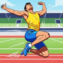 Athletes triumphant long jump on the track field.