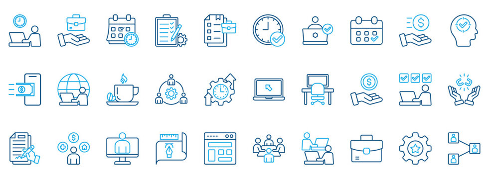 Freelance Icon Set. Contains Icons That Are Relevant For Business. Designed In Vector Outline Color Style