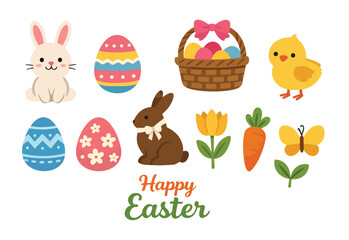 Fototapeta premium Cute Easter Icons with Bunny, Eggs, and Chick