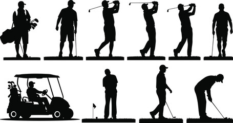 Golf player silhouettes set in black and white illustration showing golfer swinging, putting and riding golf cart, sports activity collection for modern graphic design © Jamayat