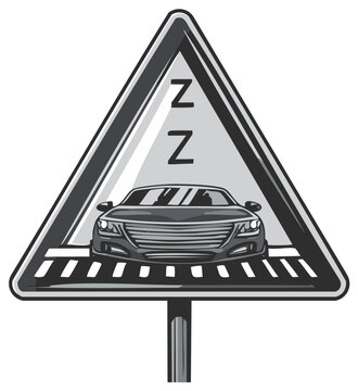 Drowsy driving vector sign with modern car alert driver fatigue hazard road safety illustration