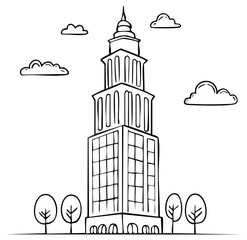 Fototapeta premium Illustrated towering high rise building with trees and fluffy clouds, black line art