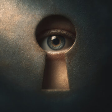 realistic human eye peers through an old-fashioned keyhole, evoking a sense of mystery, curiosity, and the feeling of being watched or uncovering a secret