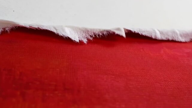 Pulling camera closing in on torn white sheet at tabletop, revealing red substrate