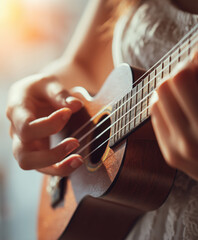 Fototapeta premium close-up captures delicate fingers strumming a wooden ukulele in soft sunlight, evoking a peaceful, warm atmosphere filled with gentle music and relaxed emotion