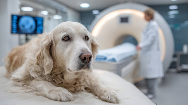 Golden retriever waits for medical scan in veterinary clinic