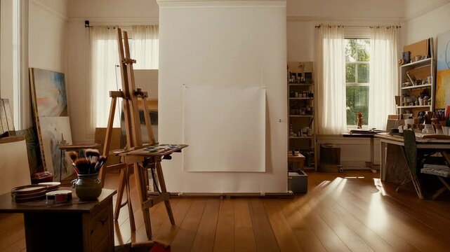 Camera pulling back revealing square sheet pinned to backing in studio to show easel and brushes