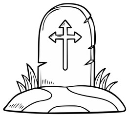 Fototapeta premium Hand Drawn Grave Stone Vector Illustration with Cross on Knoll for Graveyard Imagery