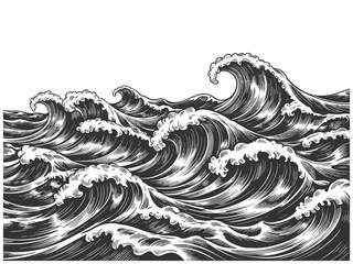 powerful stormy ocean waves, ideal for nautical, marine, or retro-themed design projects sketch engraving generative ai vector illustration. Scratch board imitation. Black and white image.