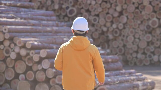 林業など第一次産業で働くヘルメットを被ったタブレットを持つ歩く髭の中年男性の縦動画開発のイメージ(多摩木材センター協同組合プロパティ許可ずみ）顔無しの後ろ姿スローモーション