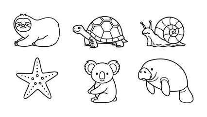 Fototapeta premium Animal Cartoon Set: A captivating array of endearing animal cartoons, showcasing a sloth, turtle, snail, starfish, koala, and manatee.
