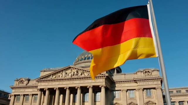 Reacting to gust, German flag on pole unfurling before domed stone building, obscuring portico
