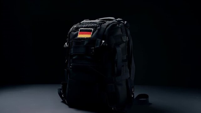 Zooming camera revealing black tactical backpack on studio stage, highlighting German flag patch