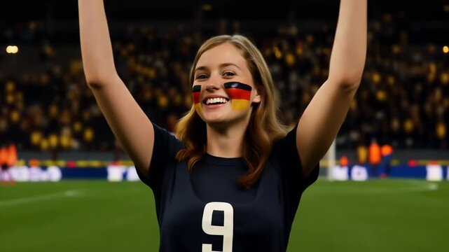 Smiling female fan cheering on pitch, camera pulling back revealing shirt No and German flag paint