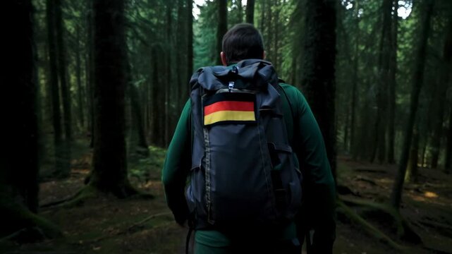Walking hiker following narrow pine trail, wearing green top and carrying pack with tricolor patch