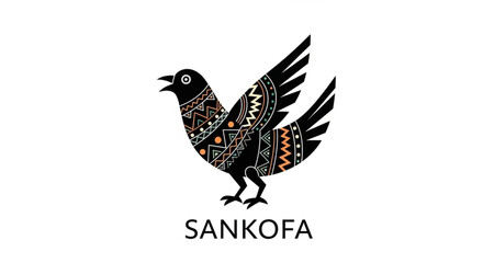 Fototapeta premium Vibrant sankofa bird logo with traditional african patterns on white background