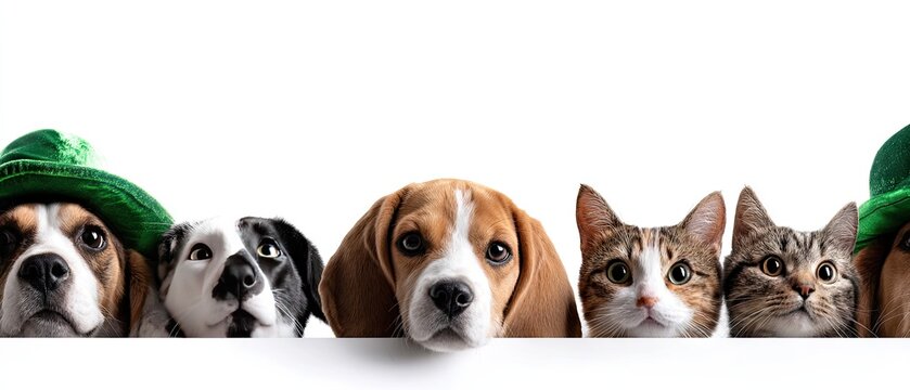 St. Patrick's Day banner features cute dogs and cats wearing green hats peeking over the edge isolated on plain background