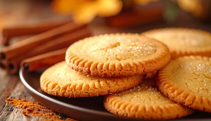 A plate of sweet biscuits on a table with cinnamon sticks