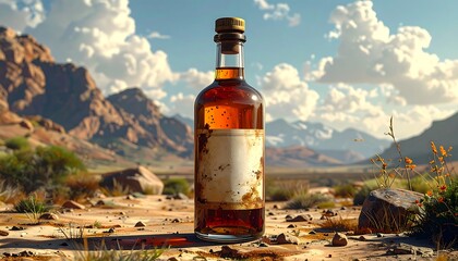Whiskey Bottle in Desert Landscape - A Taste of Adventure.