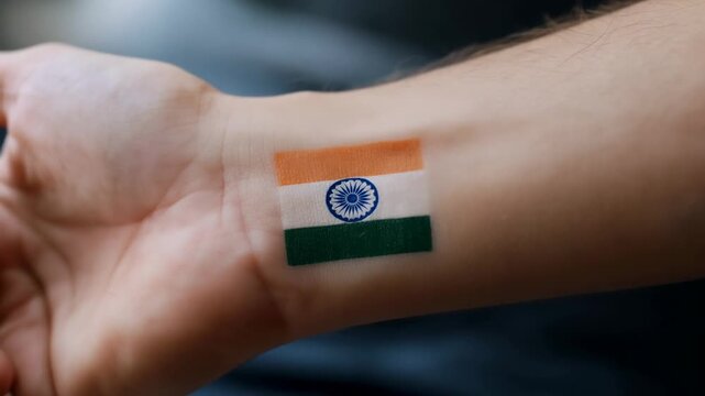 Rotating forearm and wrist, thumb shift causing temp Indian flag tattoo showing on dark blue fabric