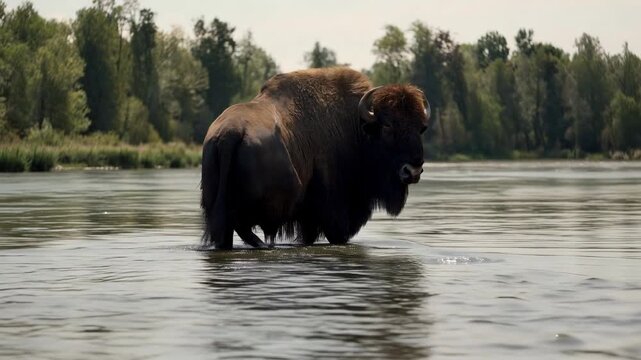 Stepping forward adult bison wading through shallow river to treeline, creating ripples with hooves