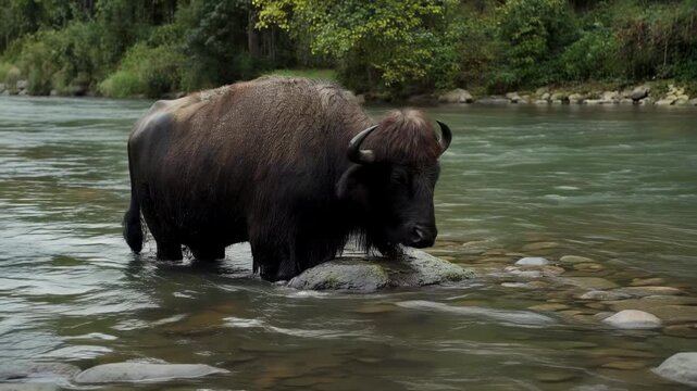 Sniffing bison with shaggy coat detecting scent on submerged rock, pressing muzzle in shallow river