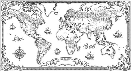world map featuring sailing ships, mythical sea creatures, and ornate dragons, evoking exploration and fantasy adventure sketch engraving generative ai vector illustration. Scratch board imitation. 