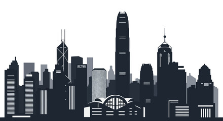 Stylized black and white city skyline silhouette illustration © Rohim