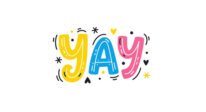 Colorful Yay Text with Decorative Elements on White Background