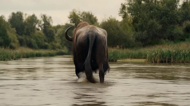 Whipping tail, large bison slinging water and wading deeper into marsh channel, reed beds framing
