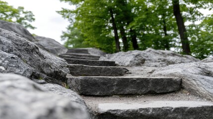 Stone staircase leading up a hill surrounded by greenery with worn steps and natural light creating depth