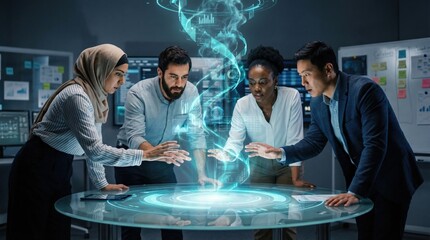 Diverse international business team analyzing a futuristic DNA helix hologram projected onto a glass table in a high-tech research lab for global innovation concept.