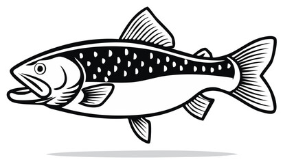 Vector Illustration of a Black and White Trout Fish with Open Mouth and Spots