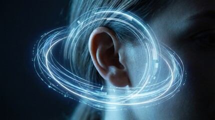Digital human ear receiving audio waves with glowing HUD rings in a dark abstract background with copy space for futuristic listening technology.