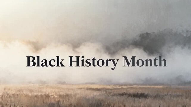 Opening serif title Black History Month fading and darkening over misty meadow for legibility