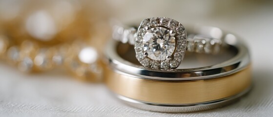 Close-up view of diamond rings in jewelry store with soft-focus background and bokeh effect highlighting sparkles and details in natural light