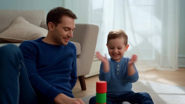 Father And Son Enjoy Playtime Together, Child And Father Constructing Blocks Amidst Comfortable Living Space
