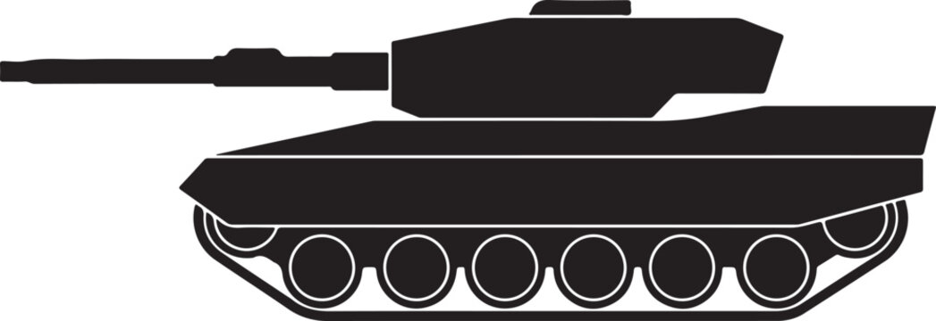 Military tank silhouette icon, military tank with long barrel and antenna, war tanks, showing turret, barrel, isolated on white background