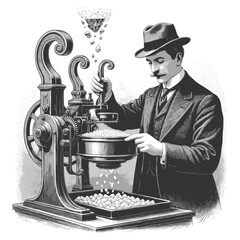 man using a mechanical press to transform rough stones into sparkling diamonds sketch engraving generative ai fictional character vector illustration. Scratch board imitation. Black and white image.