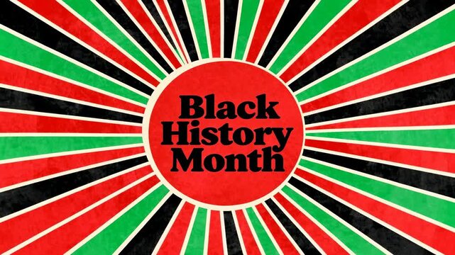Starting red or black or green rays rotating around emblem saying Black History Month, poster stock