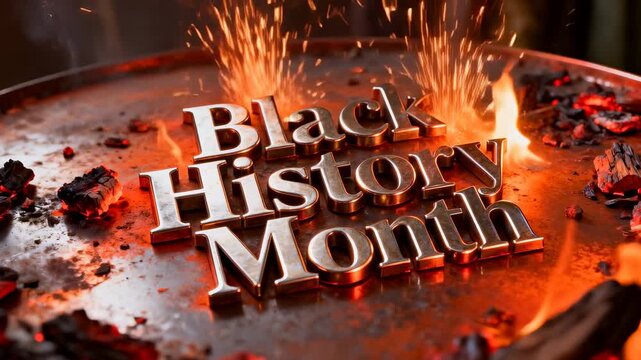Erupting sparks from coals illuminating metallic Black History Month text on brazier