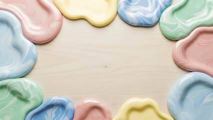 Fototapeta premium Pastel marble liquid paint puddles on wood background