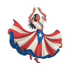 Fototapeta premium A Puerto Rican woman dancing in traditional attire with a flowing skirt in the colors of the Puerto Rican flag, her hands raised energetically, against a white background.